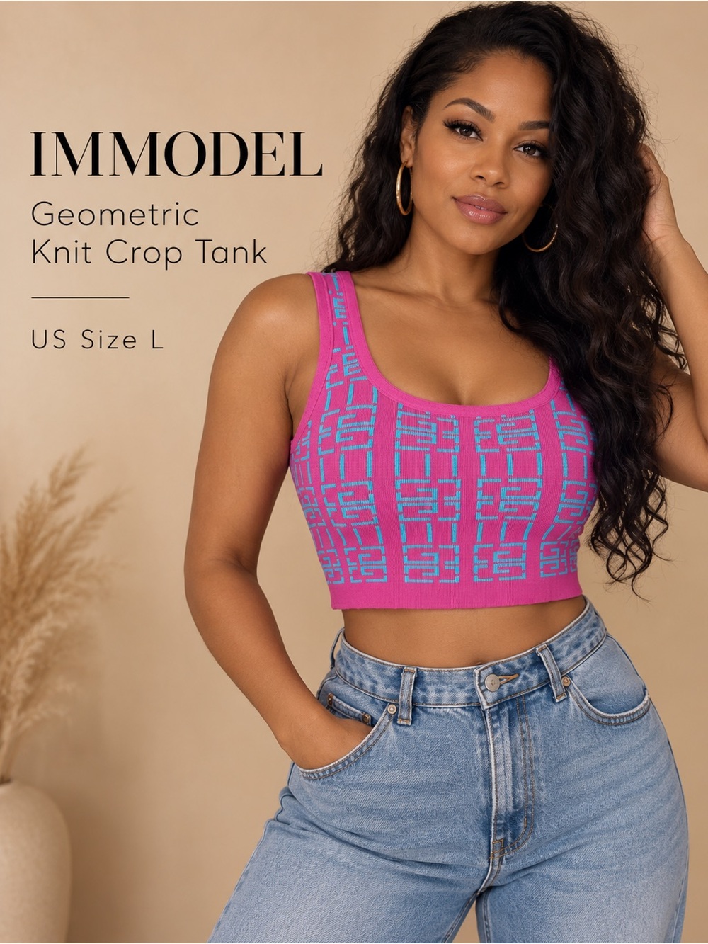IMMODEL Pink Blue Geometric Knit Y2K Crop Tank Top Size L